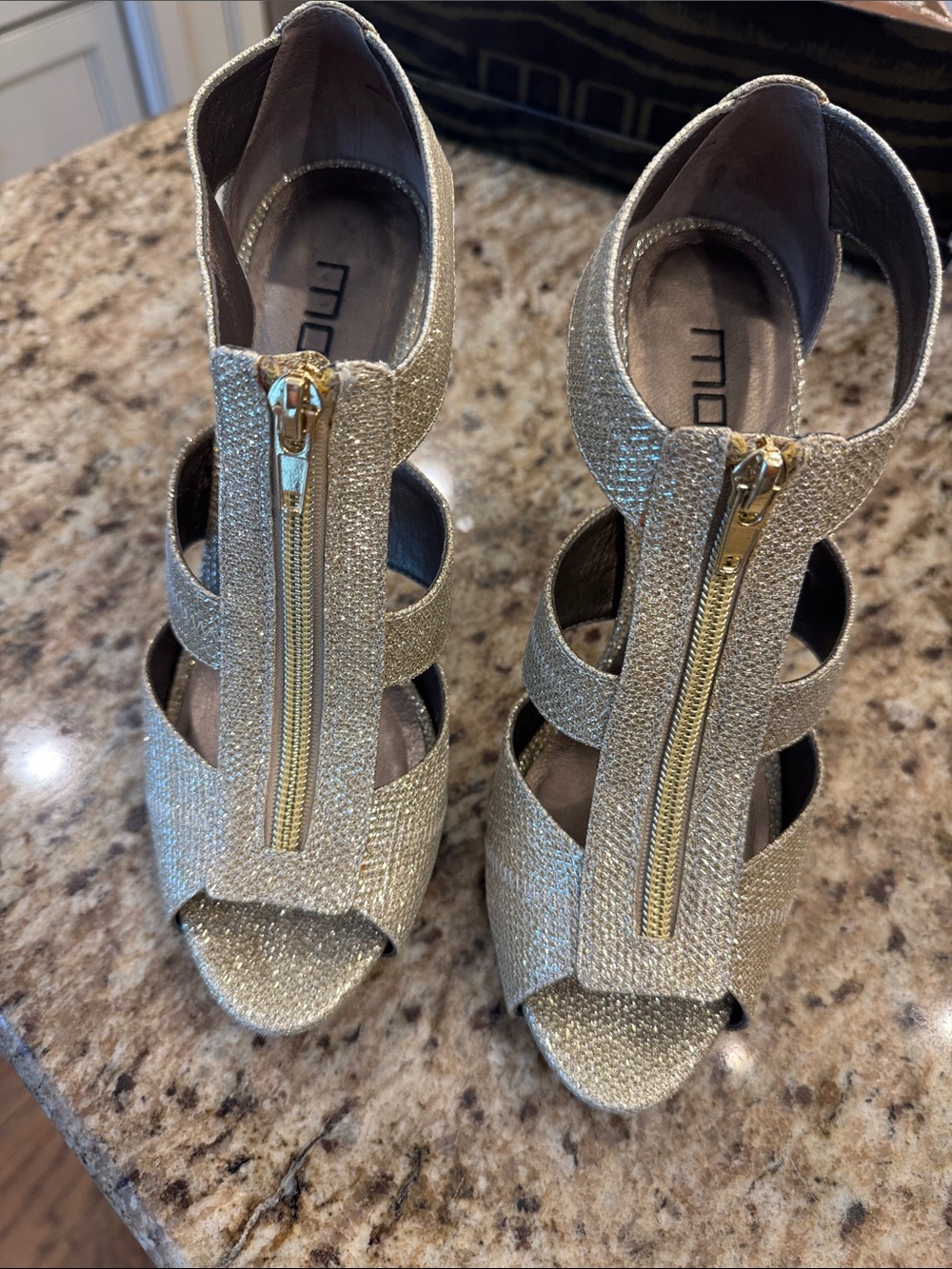 Moda International Gold Metallic Zip Front Cutout Heels